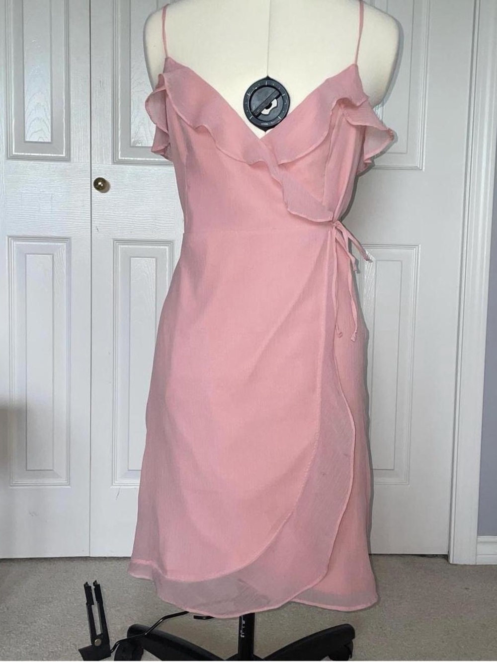 Pink Ruffle Wrap Midi Dress - Elegant Spaghetti Strap Style